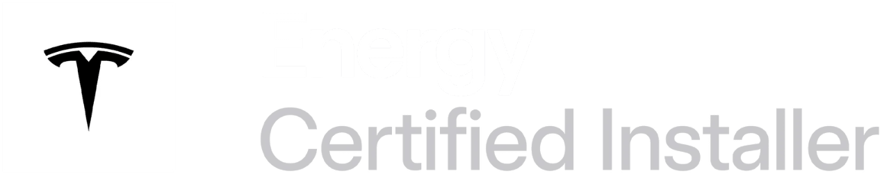 Logo with the Tesla emblem followed by the text "Energy Certified Installer" in white on a transparent background.